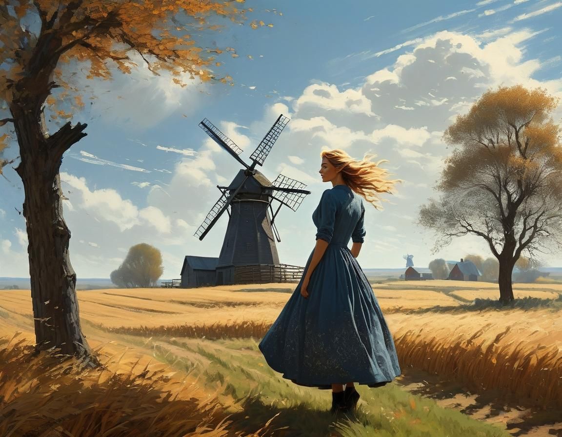Farm Girl and Windmill in Romantic Realism Style