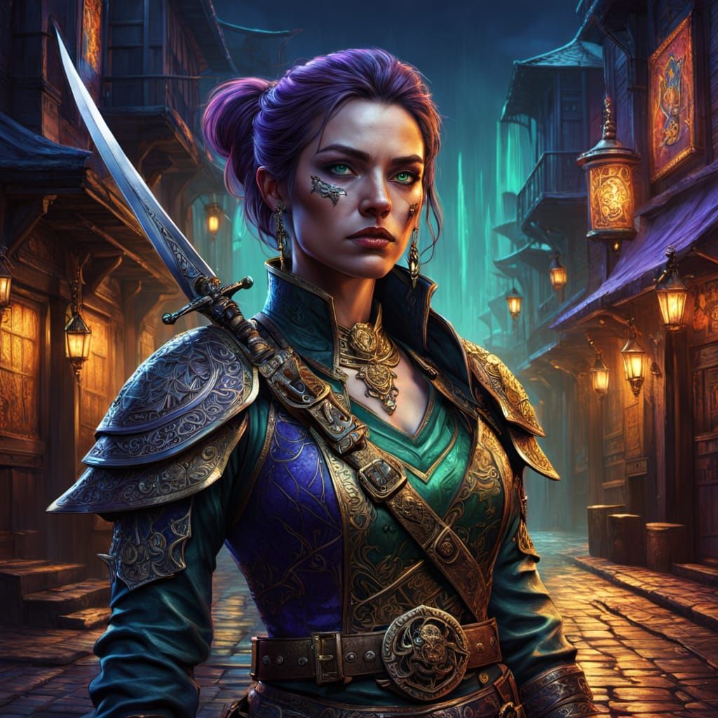 Fantasy Pirate Assassin Woman in Neon-Lit Alleyway