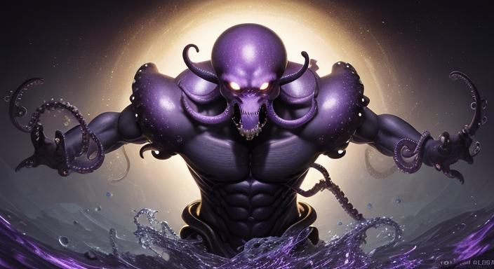 Octopus Man with Flowing Hair in Splash Art