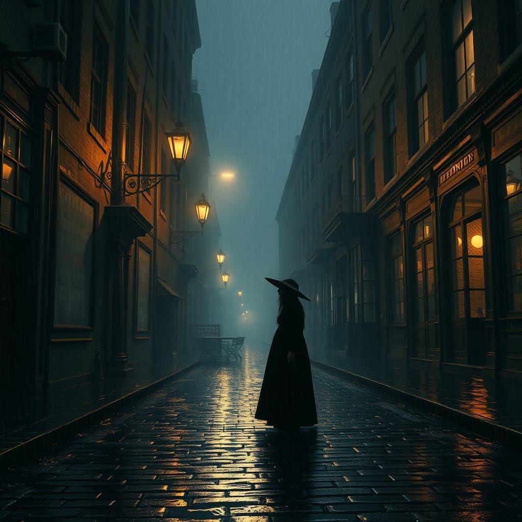 Solitary Witch in Gaslight Glow on Cobblestone Street