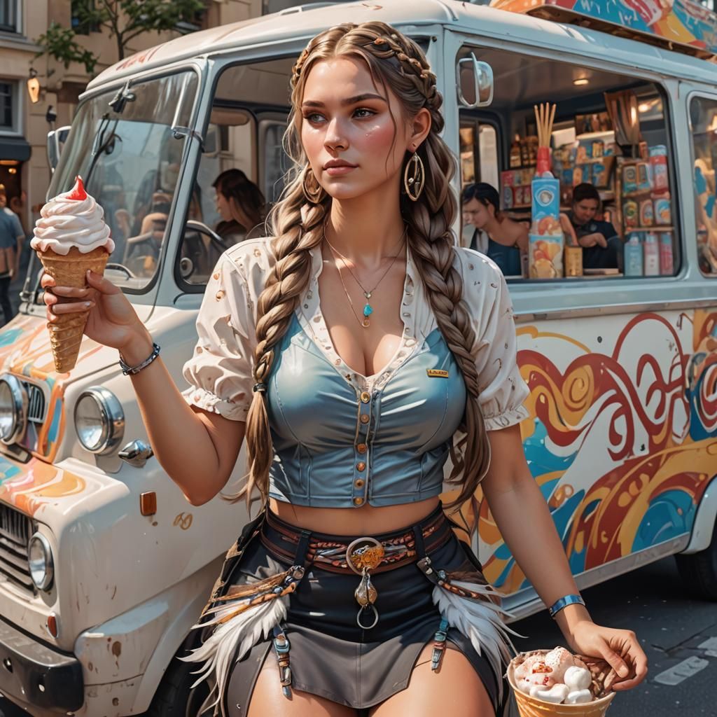 German Woman on Ice Cream Truck, Hyperdetailed Portrait