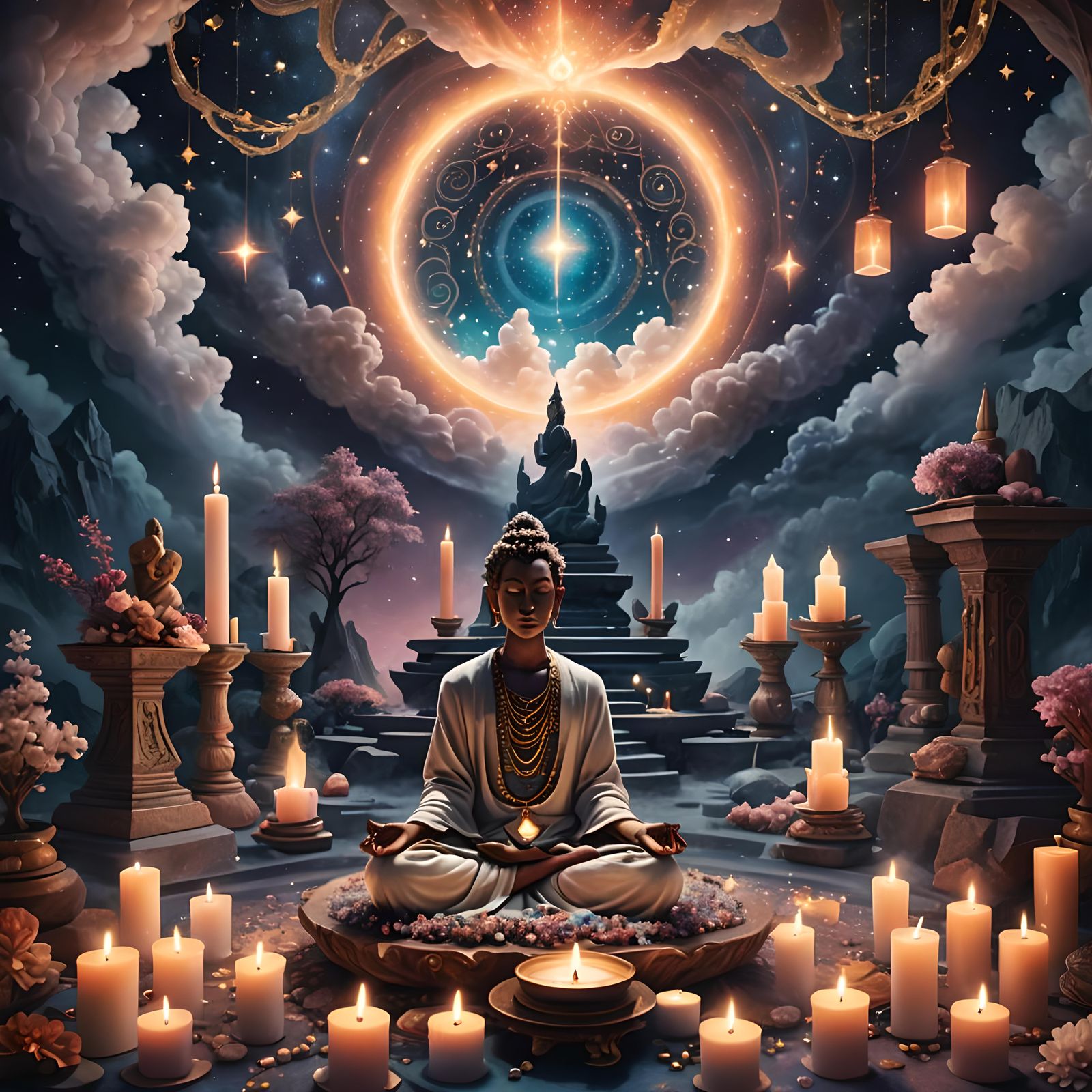 Mystical Manifestation Altar Under Starry Night Sky