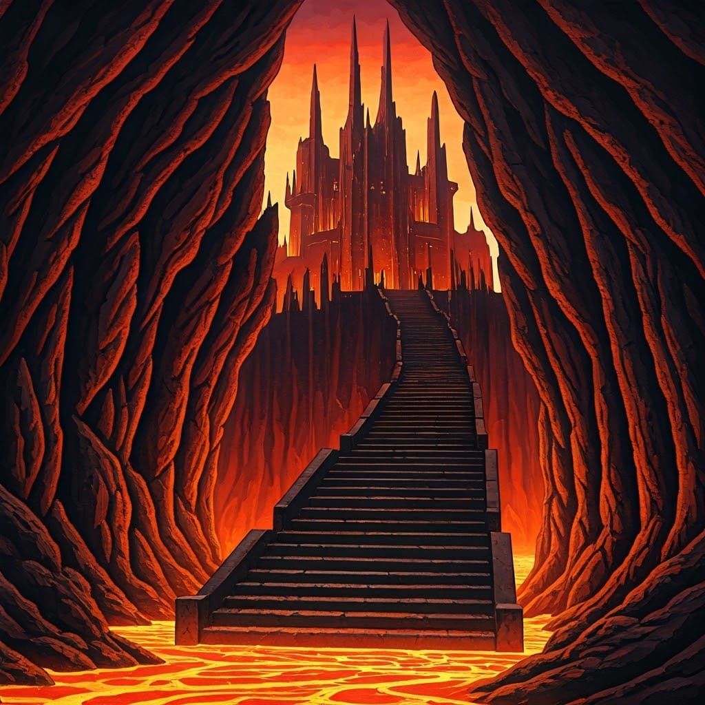 Volcanic Fortress in Fiery Canyon: Brutalist Acrylic Art