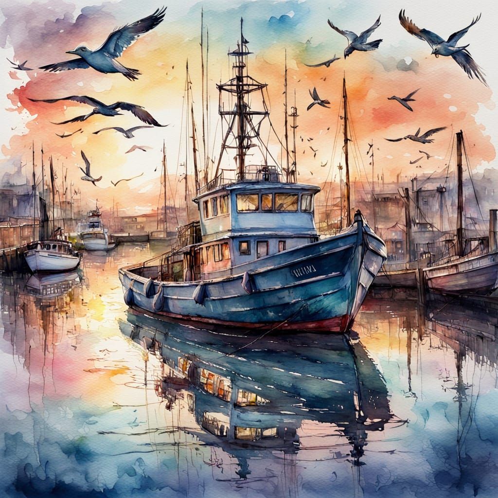 Sunset Harbor: A Watercolor Masterpiece in Pastel Colors