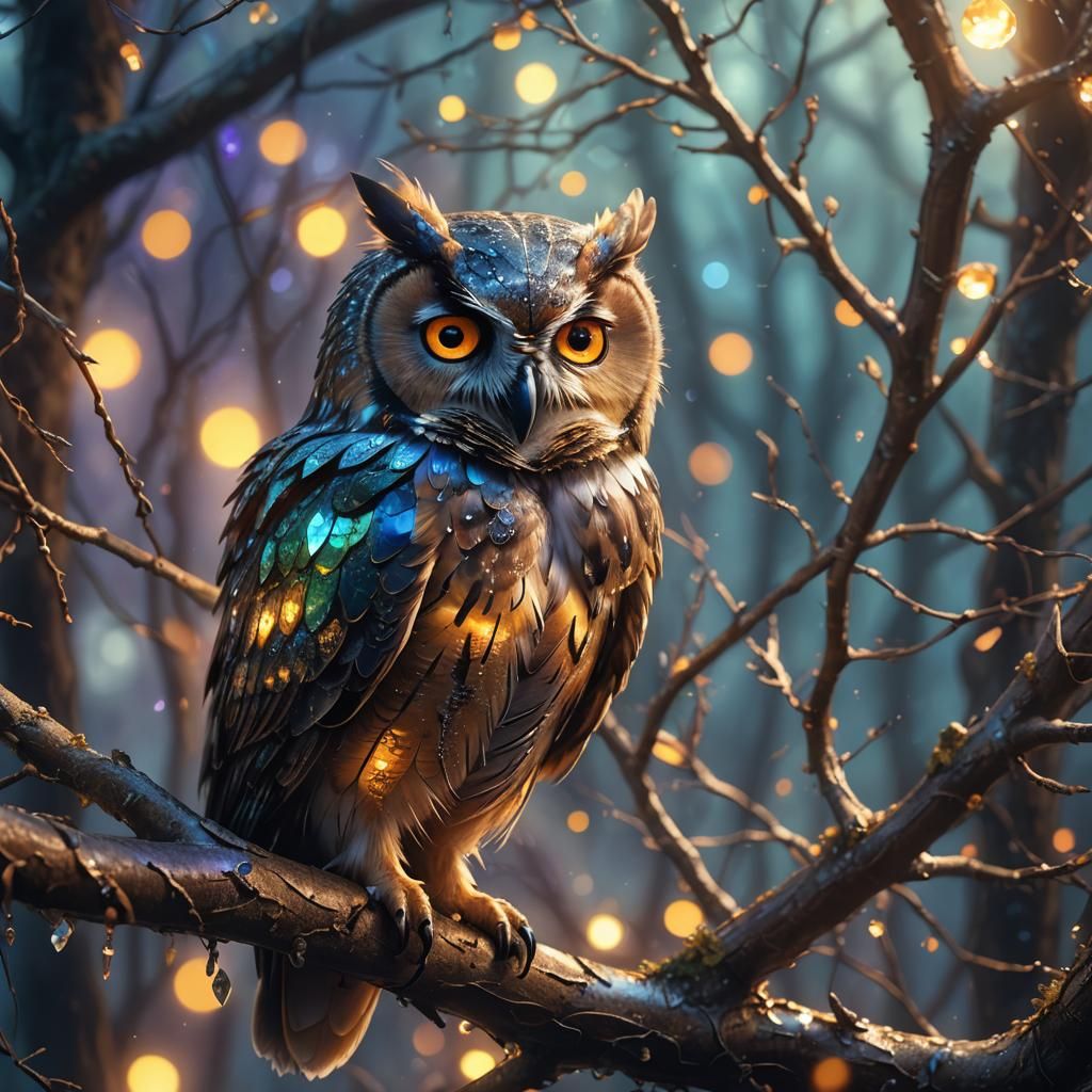 Diamond Owl Perched on Ancient Branch in Golden Light
