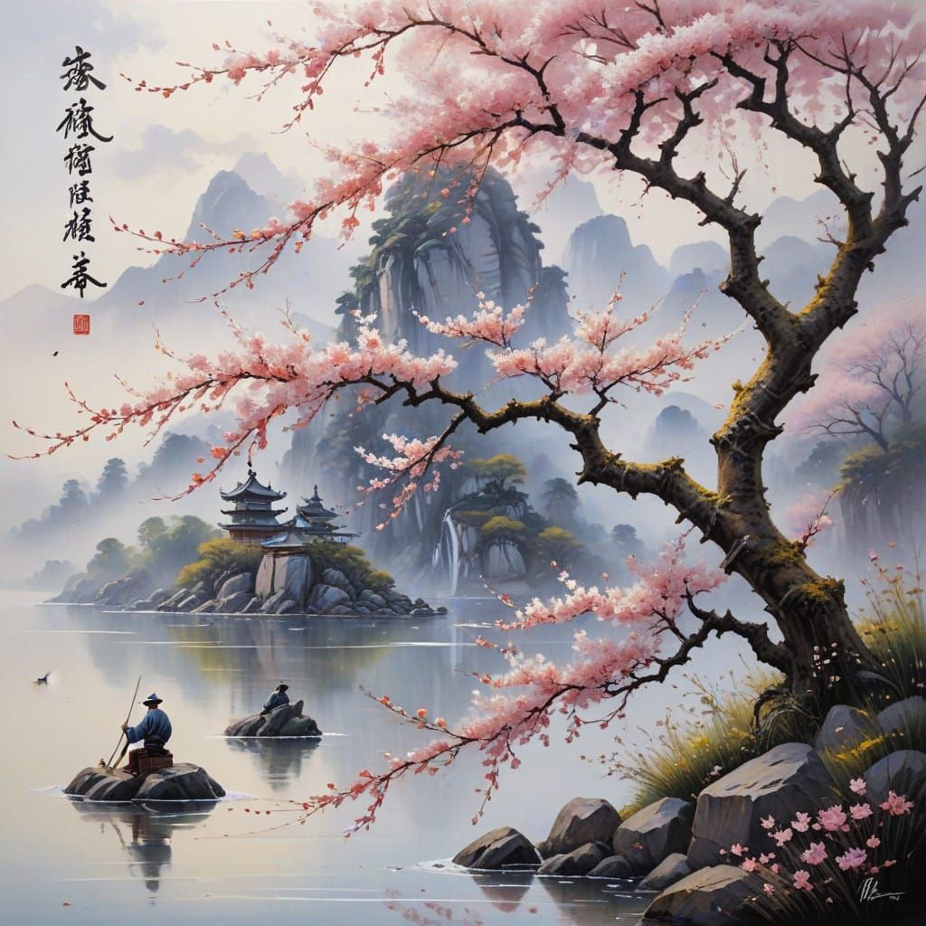 Traditional Chinese Calligraphy on Rice Paper with Cherry Bl...