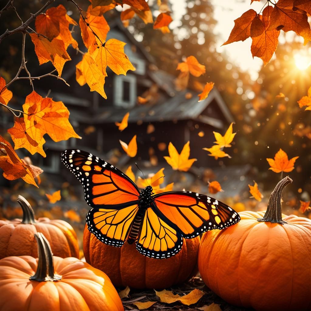 Monarch Butterfly in Rustic Autumn Scene