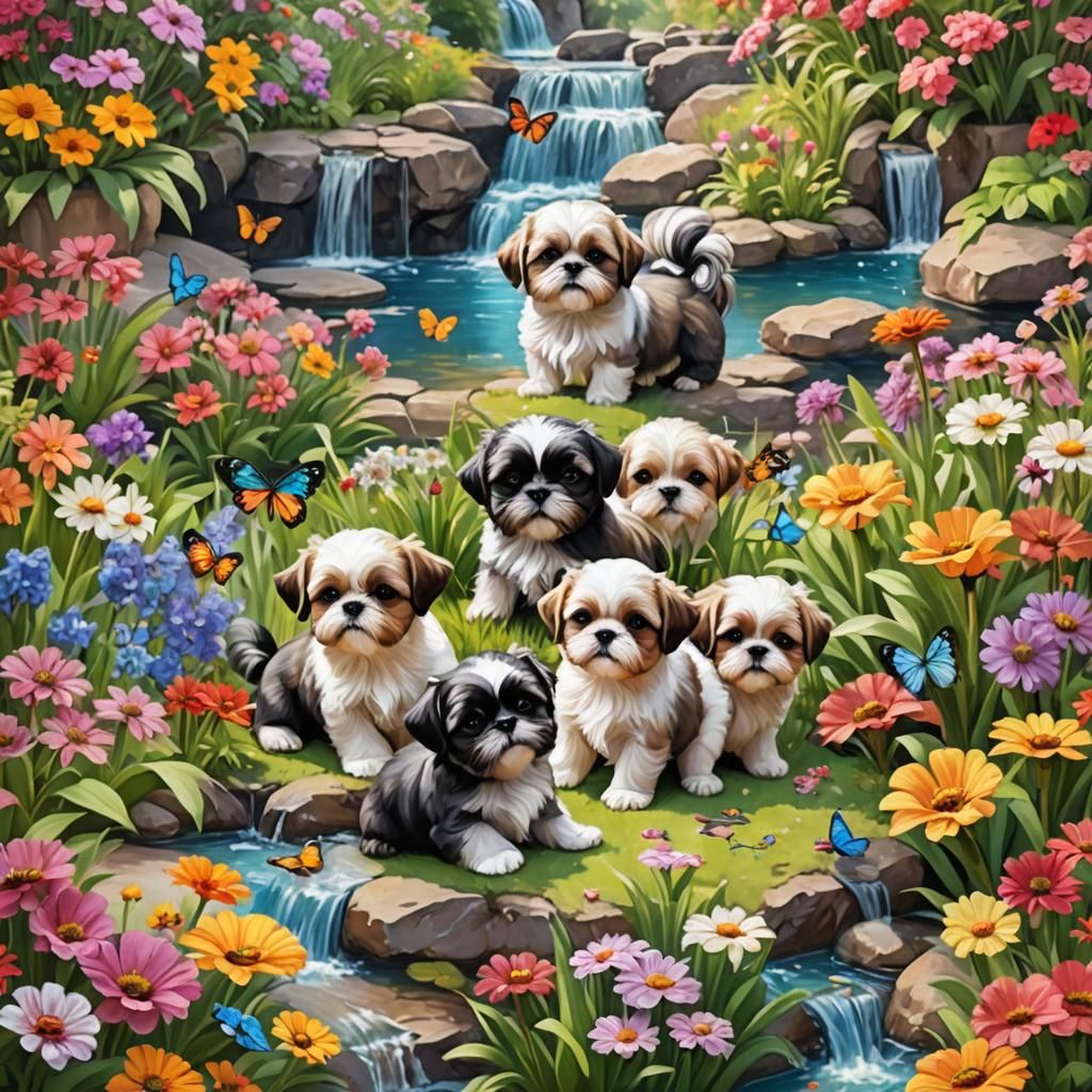 Playful Shih Tzu Puppies in Dreamy Flower Garden