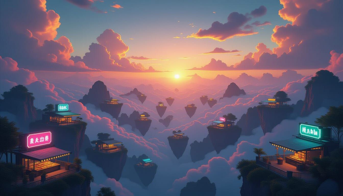 Neon Sky Islands at Twilight with Fractal Market Stalls