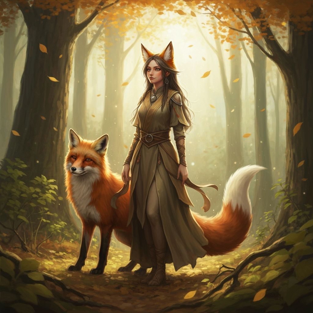 Mystical Fox-Person in Autumn Forest with Red Fox
