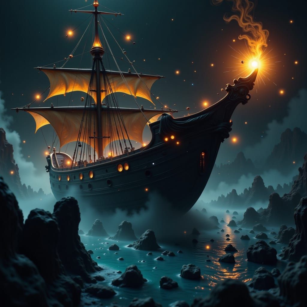 Mystical Sailboat in Dark Fantasy Art Nouveau Style