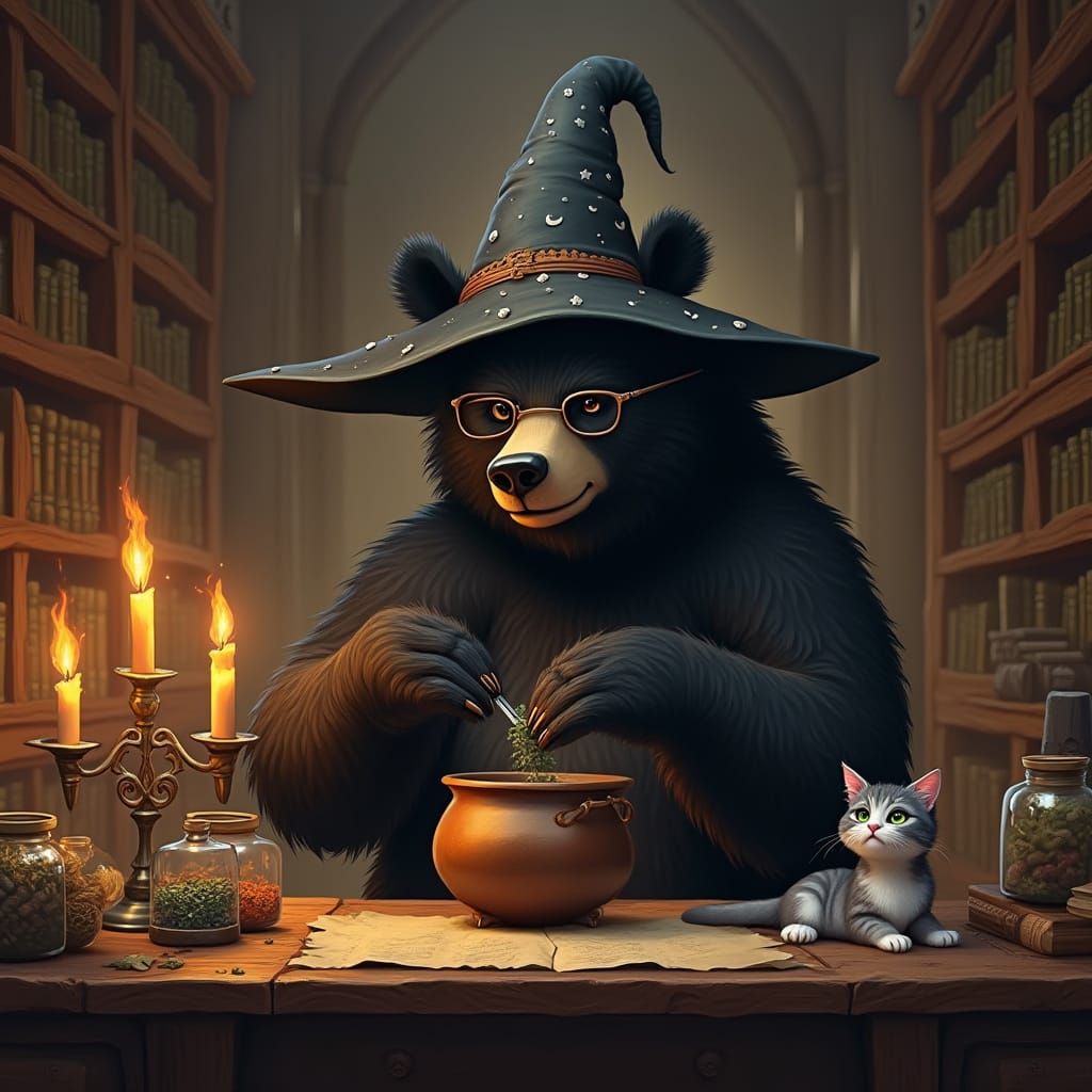 Bear Wizard Brewing Potion in Grand Library