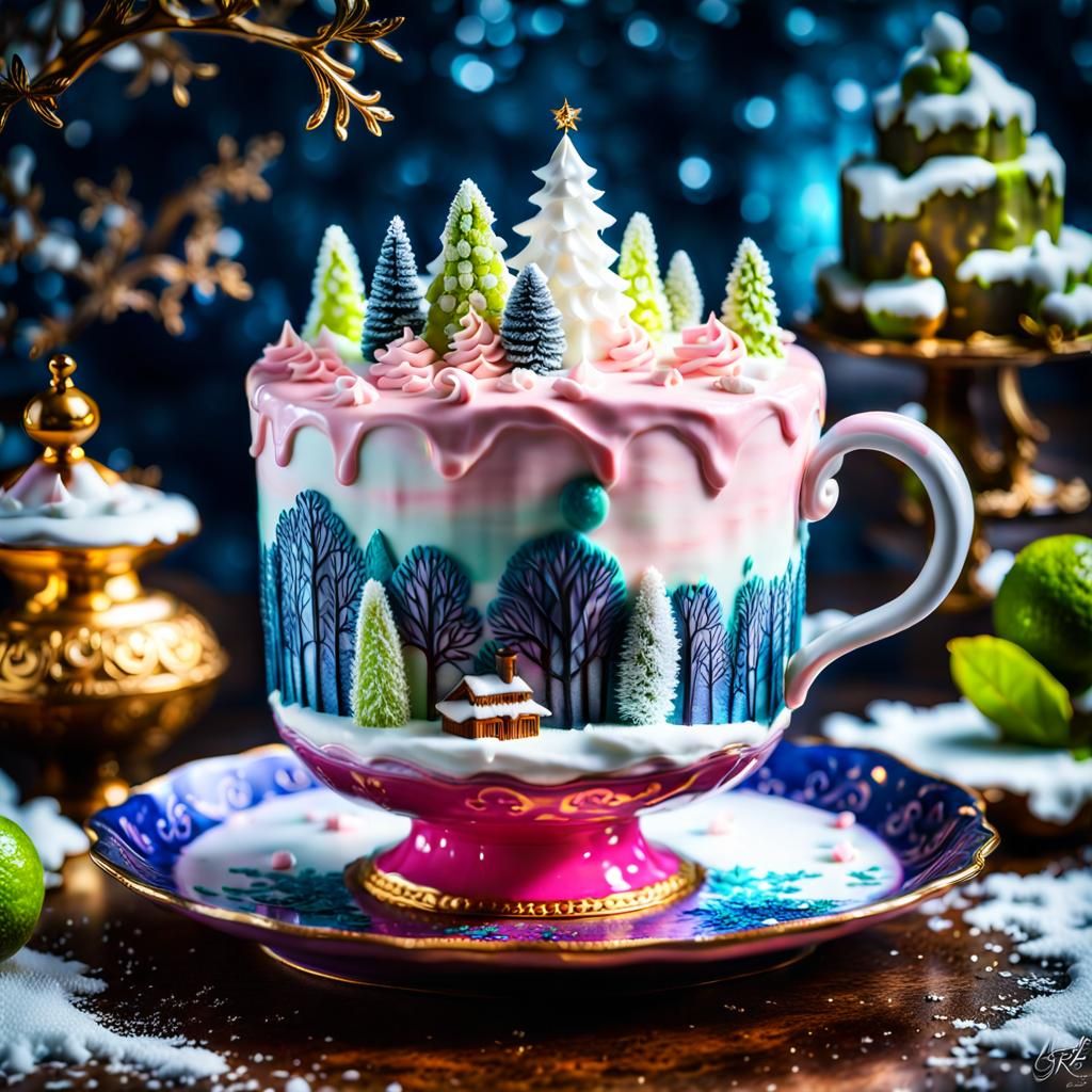 Cake Micro-World in Porcelain Cup: Hyperrealistic Diorama