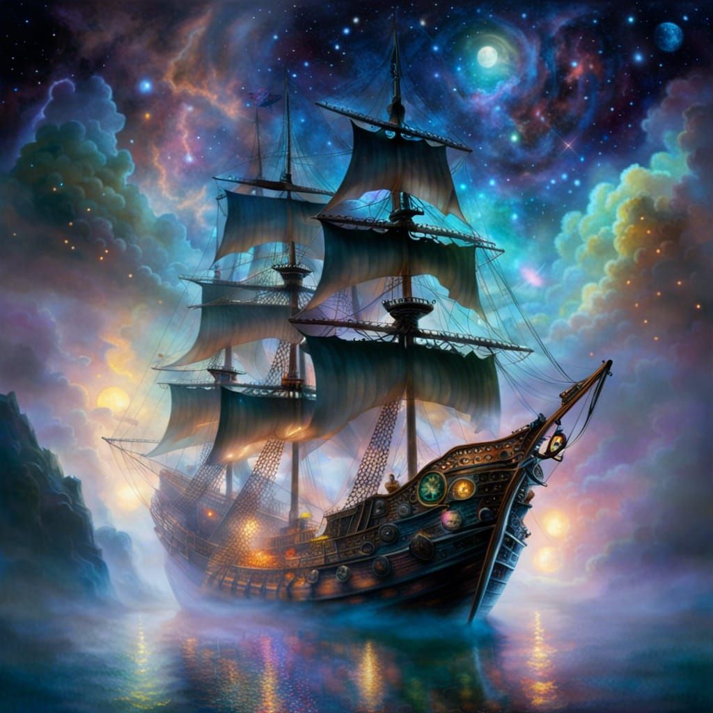 Pirate Ship Sails the Galaxy in Ethereal Fantasy Style