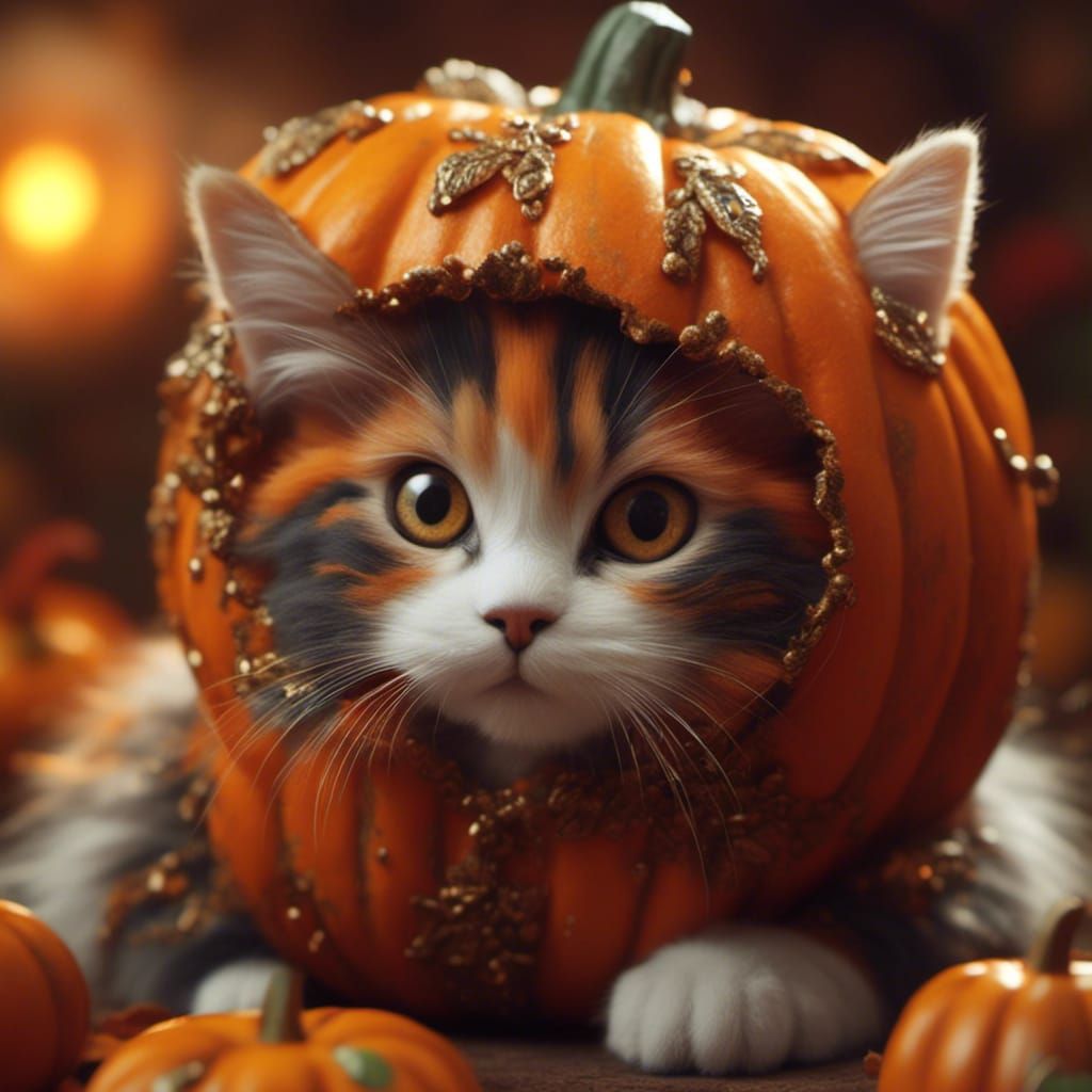 Calico Kitten as Pumpkin, Detailed Digital Art