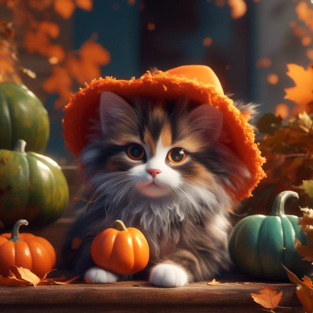 Calico Kitten in Pumpkin Costume Concept Art
