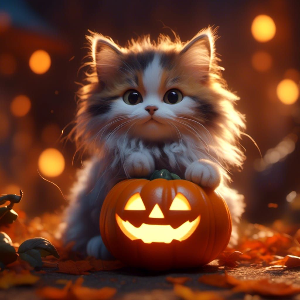 Calico Kitten as Pumpkin in Whimsical Oil Painting