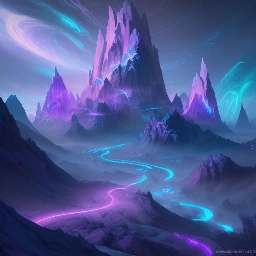 Neon Mountain Vortex: Mystical Fantasy Art