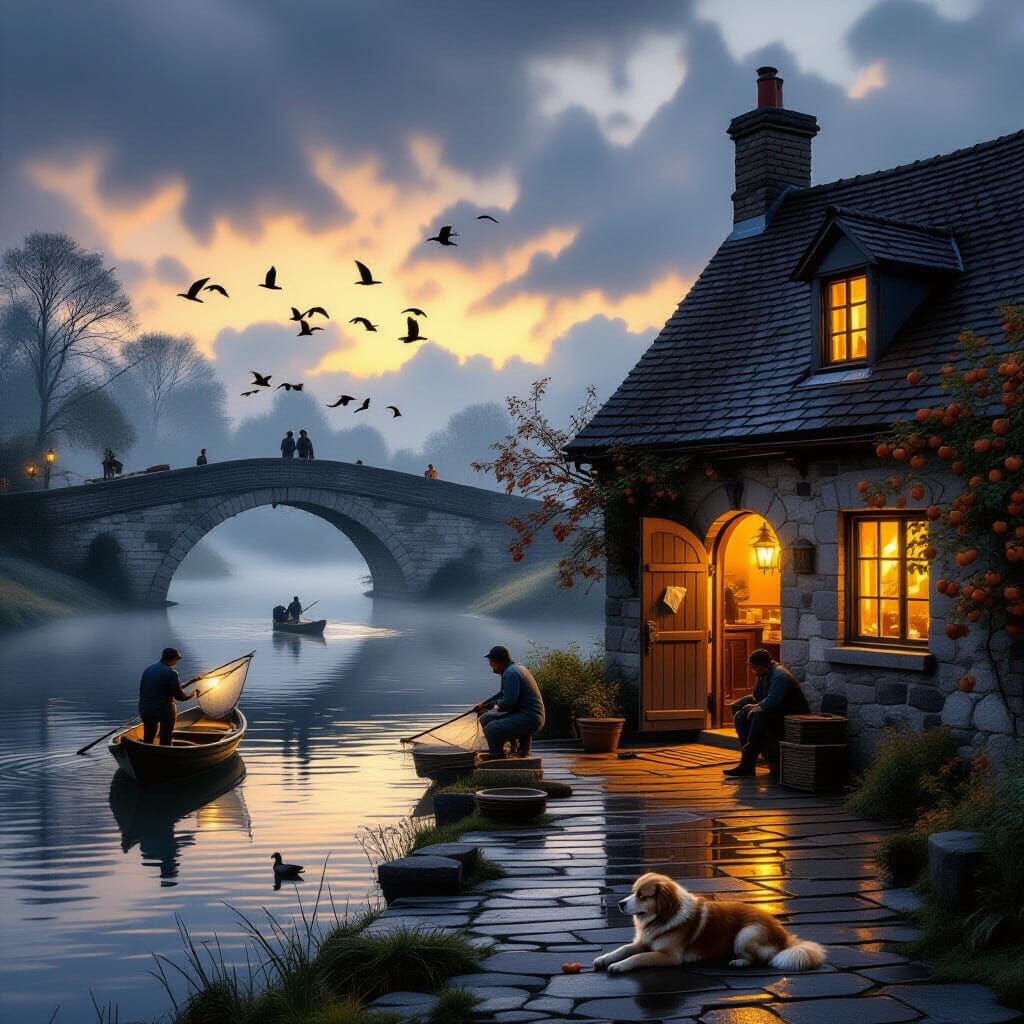 Misty Riverside at Golden Hour: Photorealistic Landscape