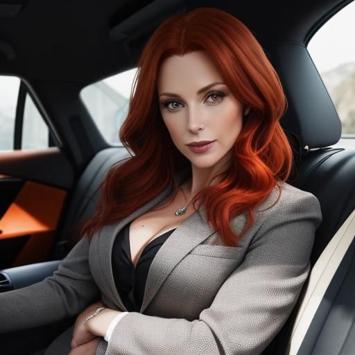 Beautiful Redhead in Gray Suit Driving Car