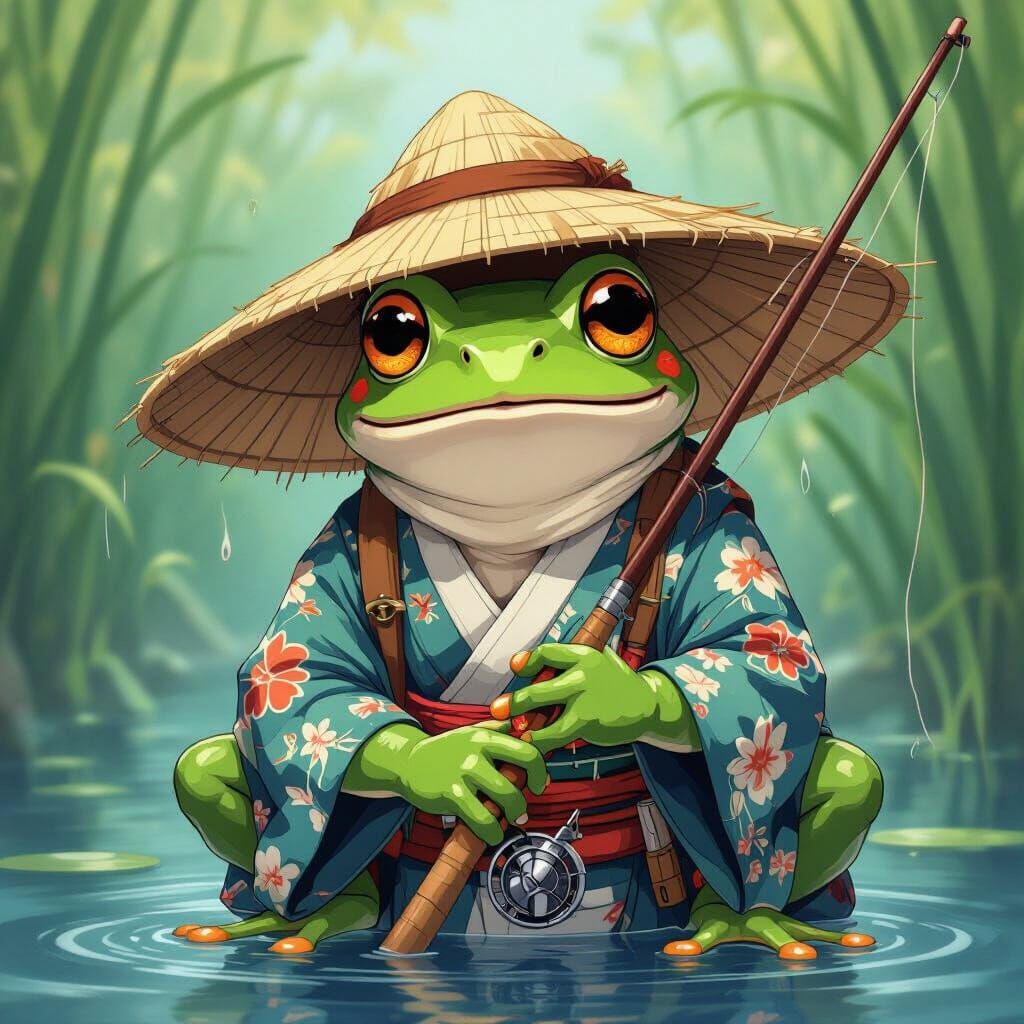 Anime Frog Fisherman in Miyazaki Style