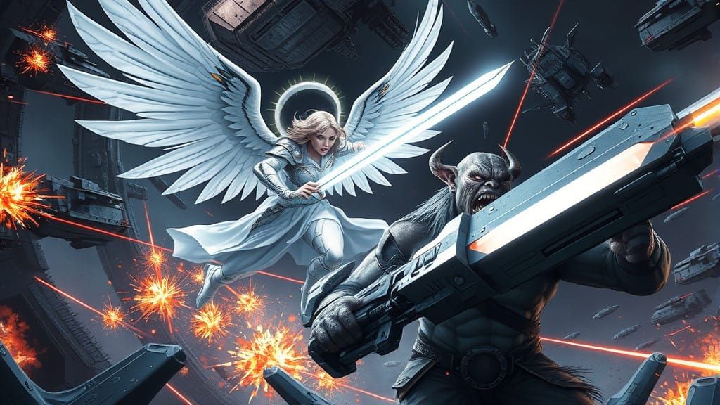 Sci-Fi Angel Engages in Intense Combat with Orc in Futuristi...