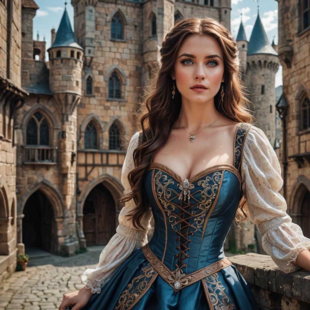 A woman with brown hair, wearing a corseted dress, flawless ...