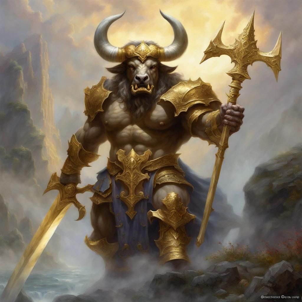 Minotaur Paladin with Golden Claymore in Ethereal Mist