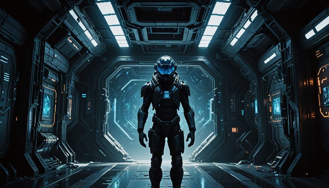 Glowing Space Station Horror Scene in Cyberpunk Style