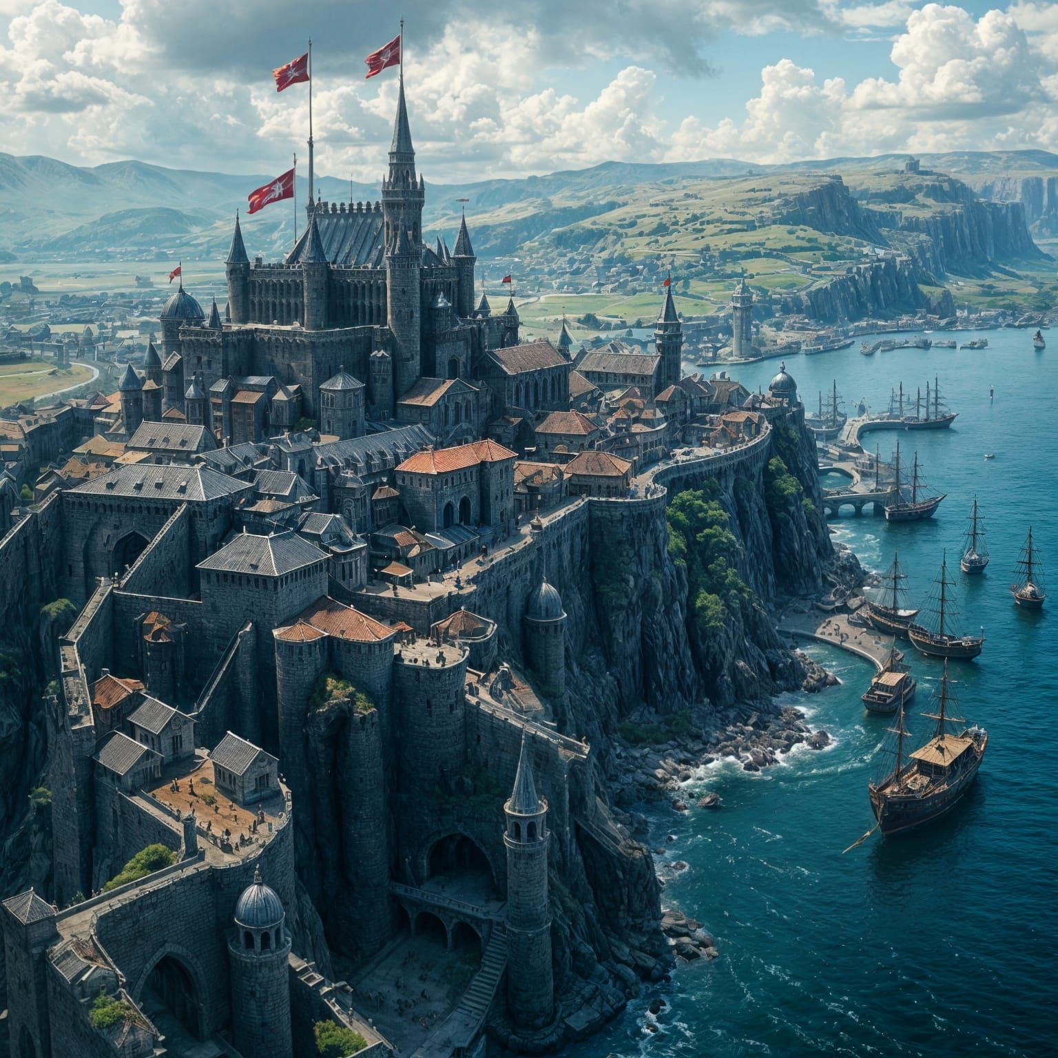 Epic Medieval Coastal City in High Fantasy Style