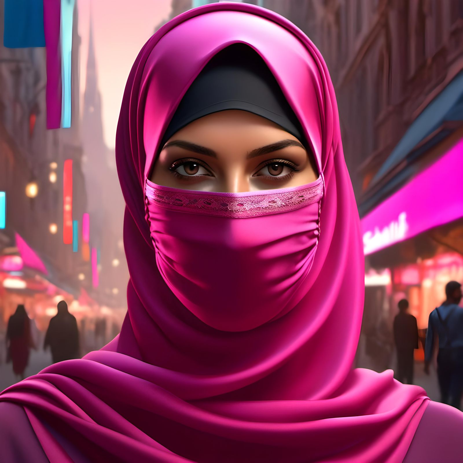 Masked Woman in Pink Dress: Hyperrealistic Portrait