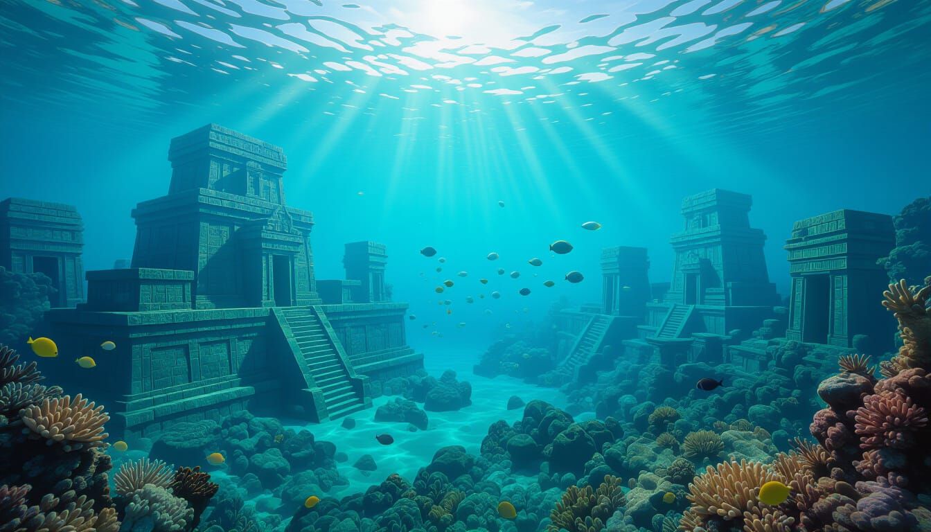 Lost Underwater City Metropolis in Turquoise Ocean