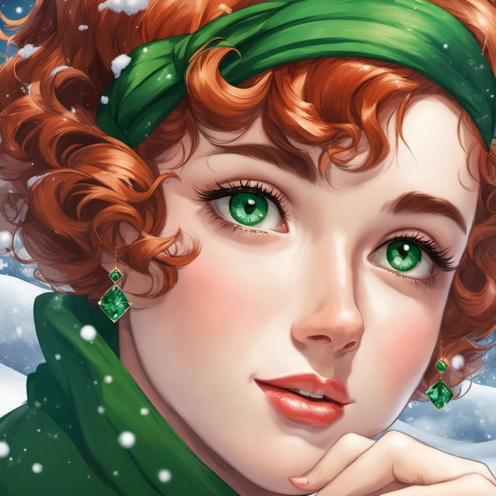 1950s Anime Woman Portrait with Red Hair