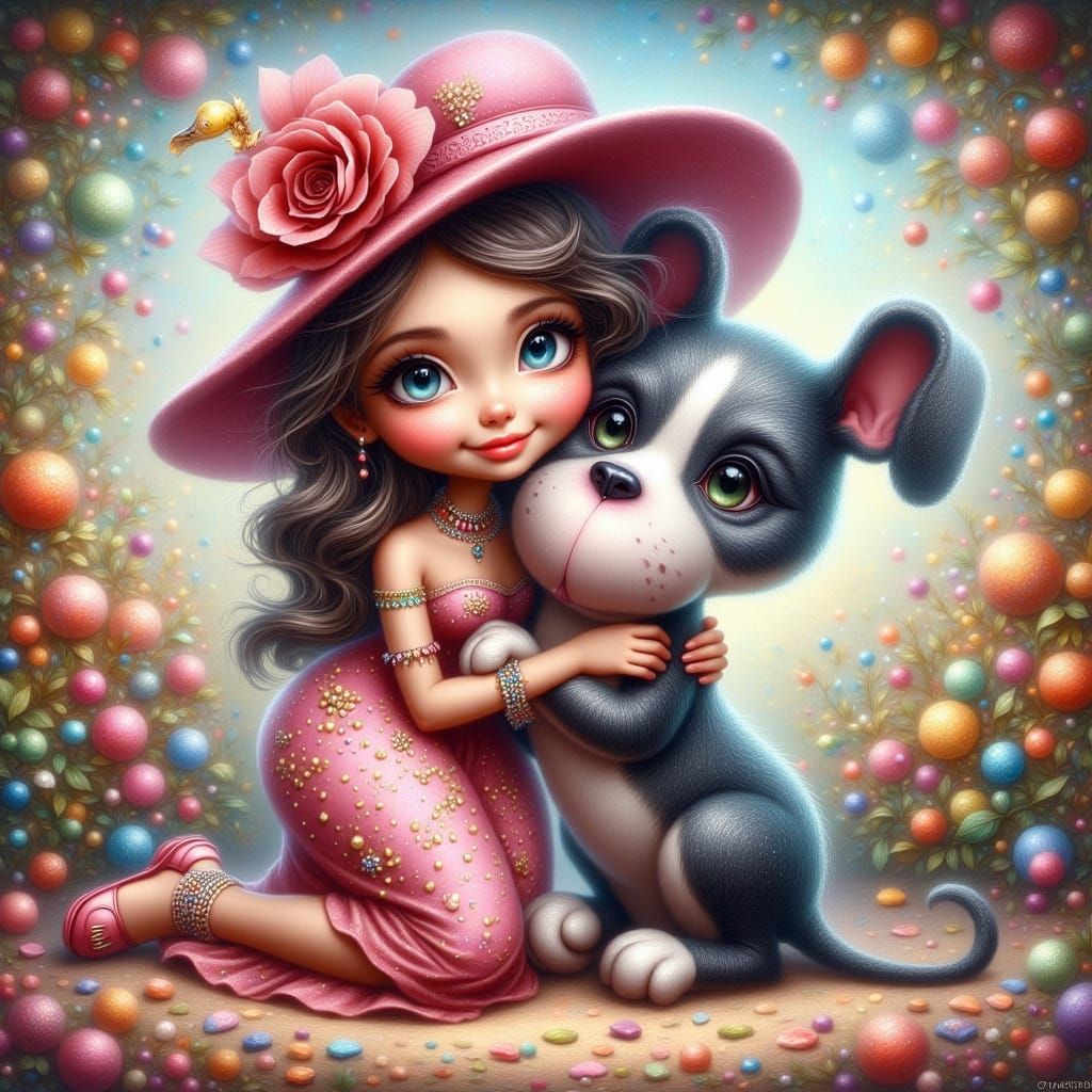 Whimsical Caricature: Lady and Great Dane in Fantasy Style