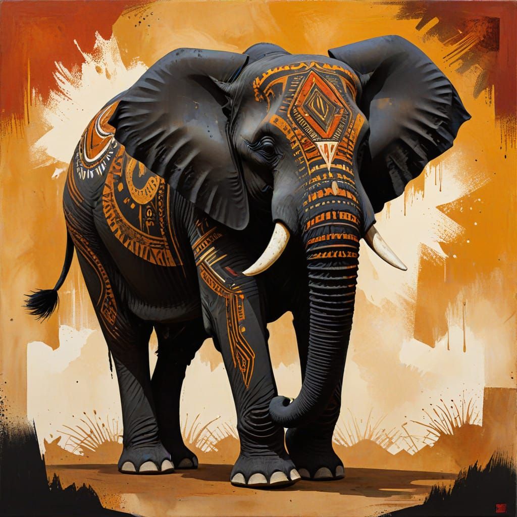 Majestic Elephant Silhouette in Golden African Tribal Art St...