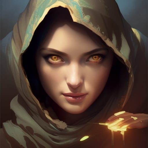 Hooded Girl Potion Portrait in Hyperdetailed Style