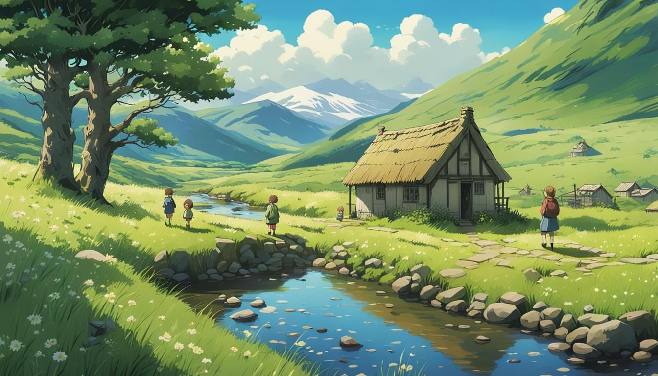 Children Playing in Scottish Highlands, Ghibli Style