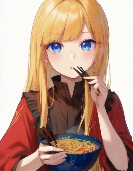 <lora:pretty woman:1.0> Asian girl with blonde hair and doll bangs has blue eyes and eats noodles from chopsticks