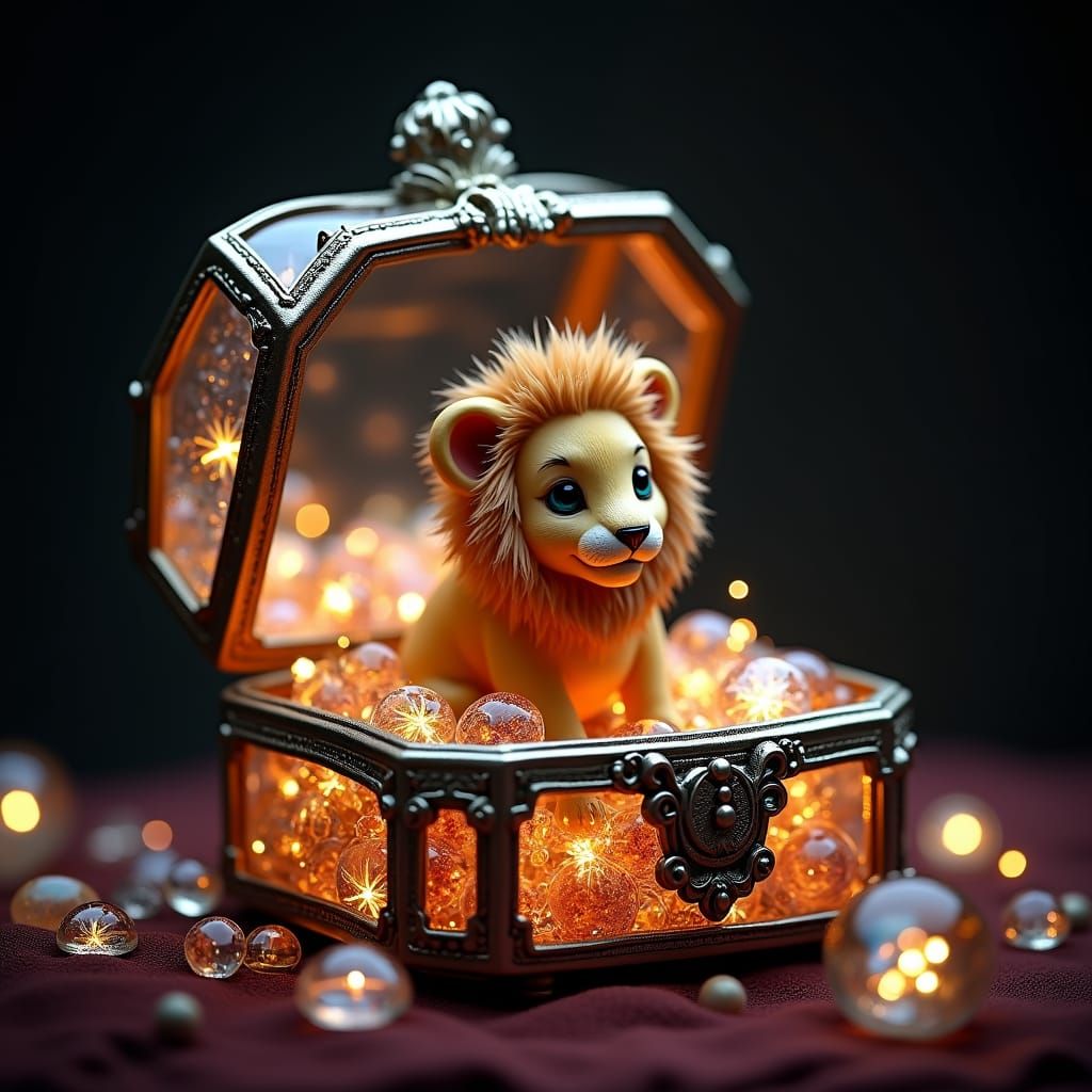 Miniature Lion Cub in Glass Jewelry Box