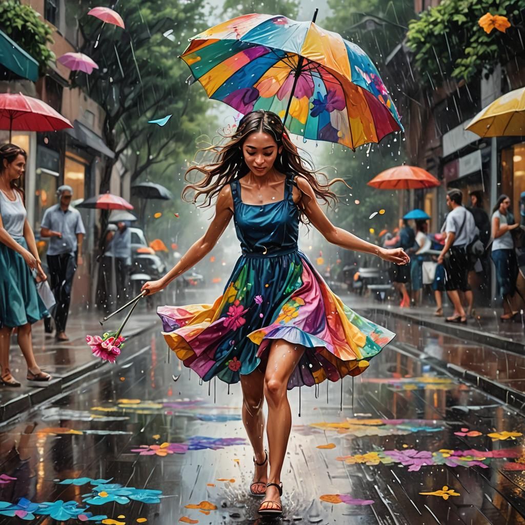 Girl Dancing in Rainy Splendor: A Matte Painting
