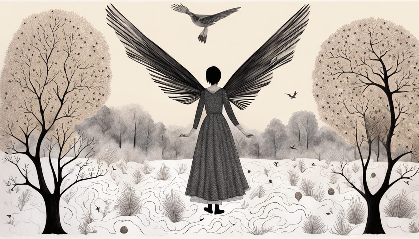 Surreal Fragmented Sculpture of a Woman with Iridescent Wing...