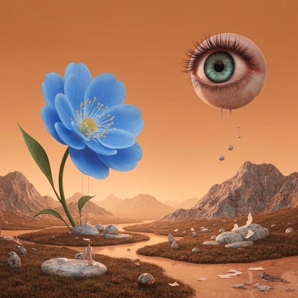 Surreal Landscape with Giant Flower in Mixed Media Style