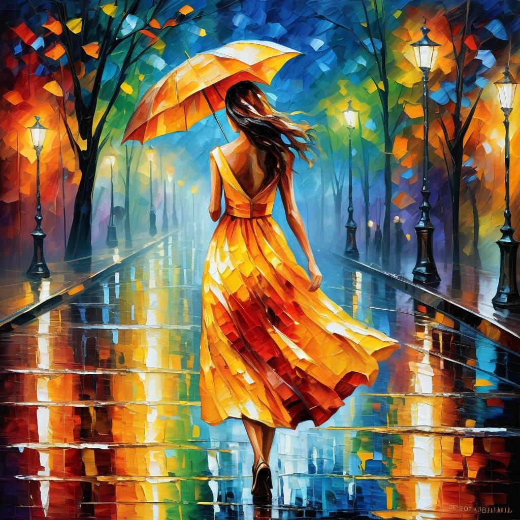 Impressionist Woman Walking in Rainy City Street at Night