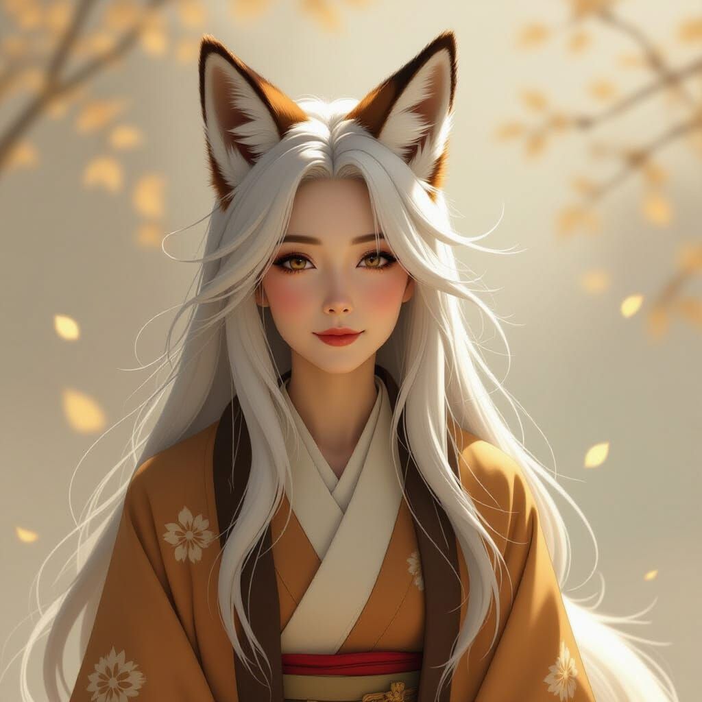 Ethereal Kitsune Woman with Fox Features in Dreamy Style