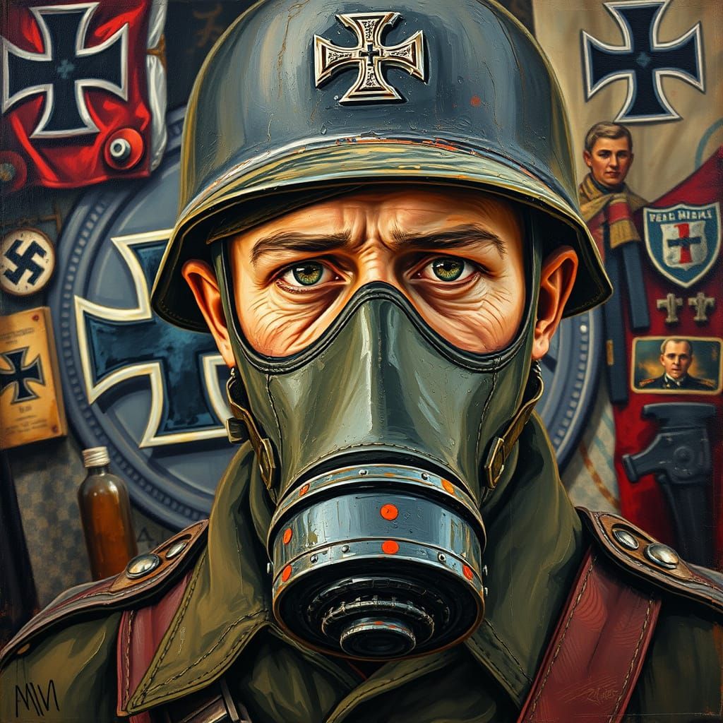 WW1 German Soldier in Gas Mask: Expressionist Art