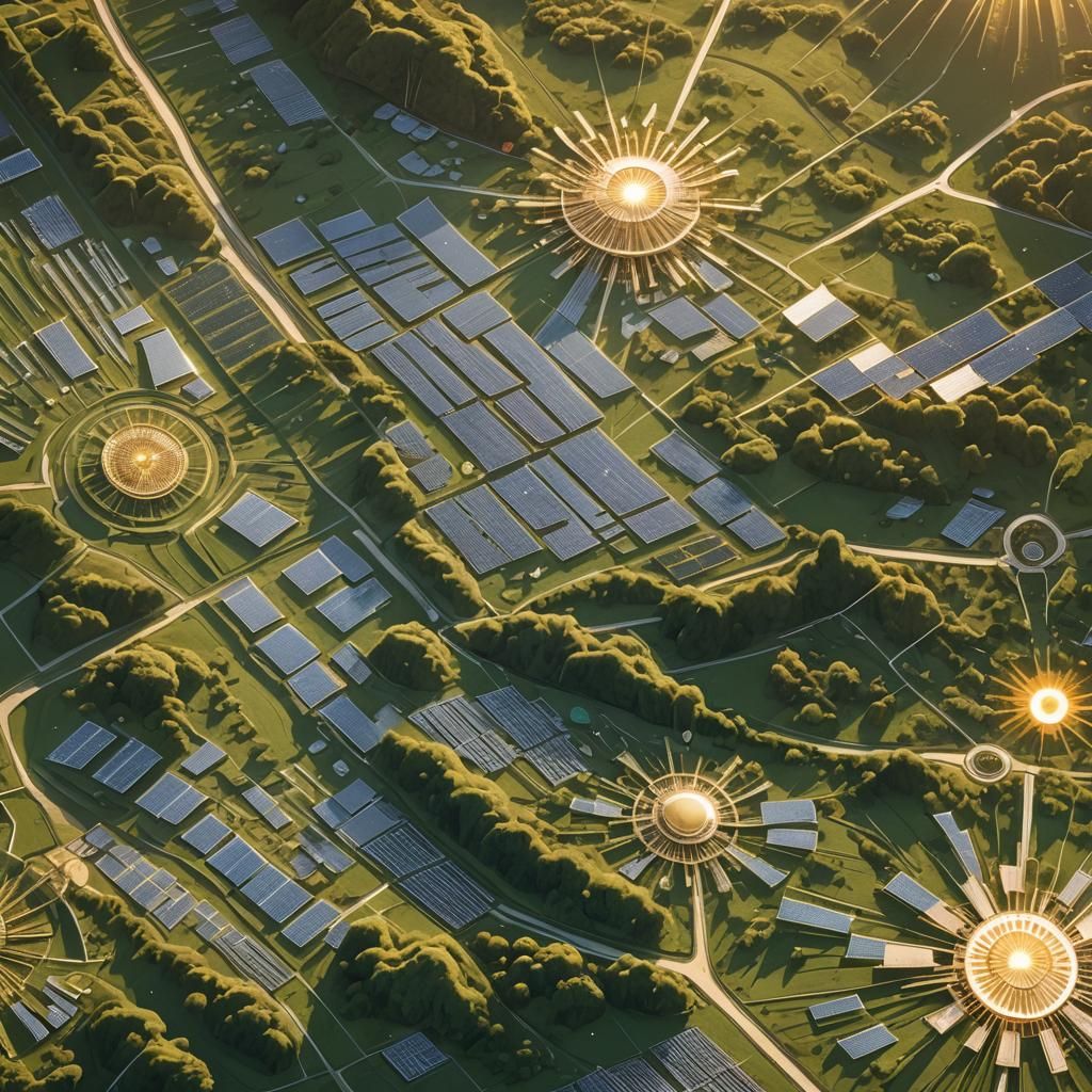 Art Deco Solar Farm on Hill with Sunshine Rays