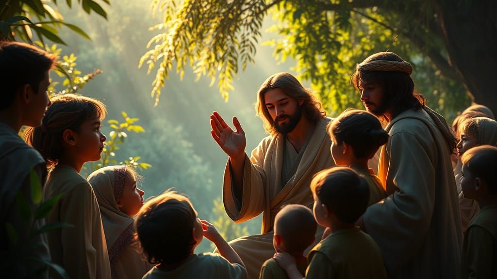 Jesus Blessing Children in a Serene Paradise