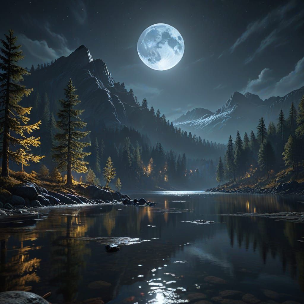 Moonlit Mountains, Lake, and Forest in Cinematic Style