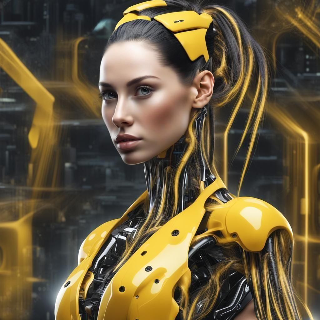 Beautiful Synthetic Woman with Machine Background