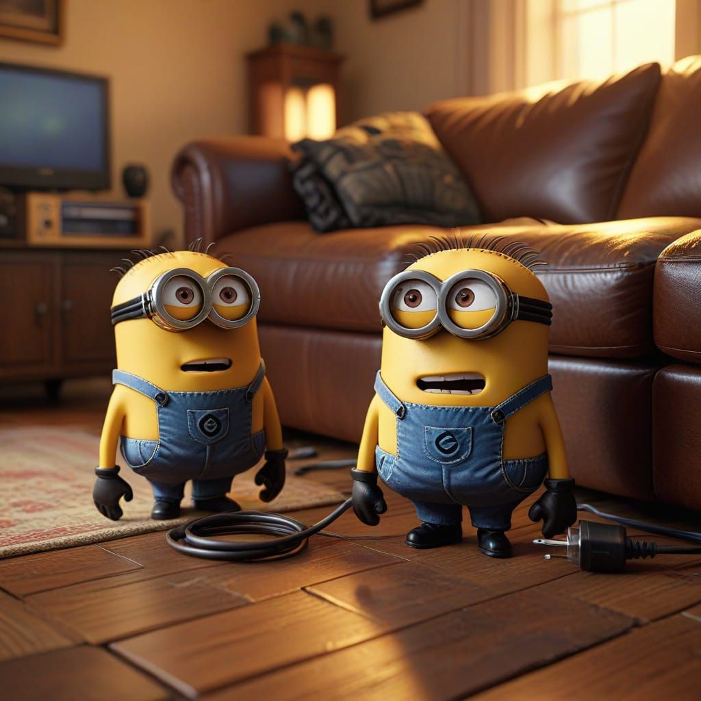 Minion's Electrical Mishap: A Pixar-Style Film Still